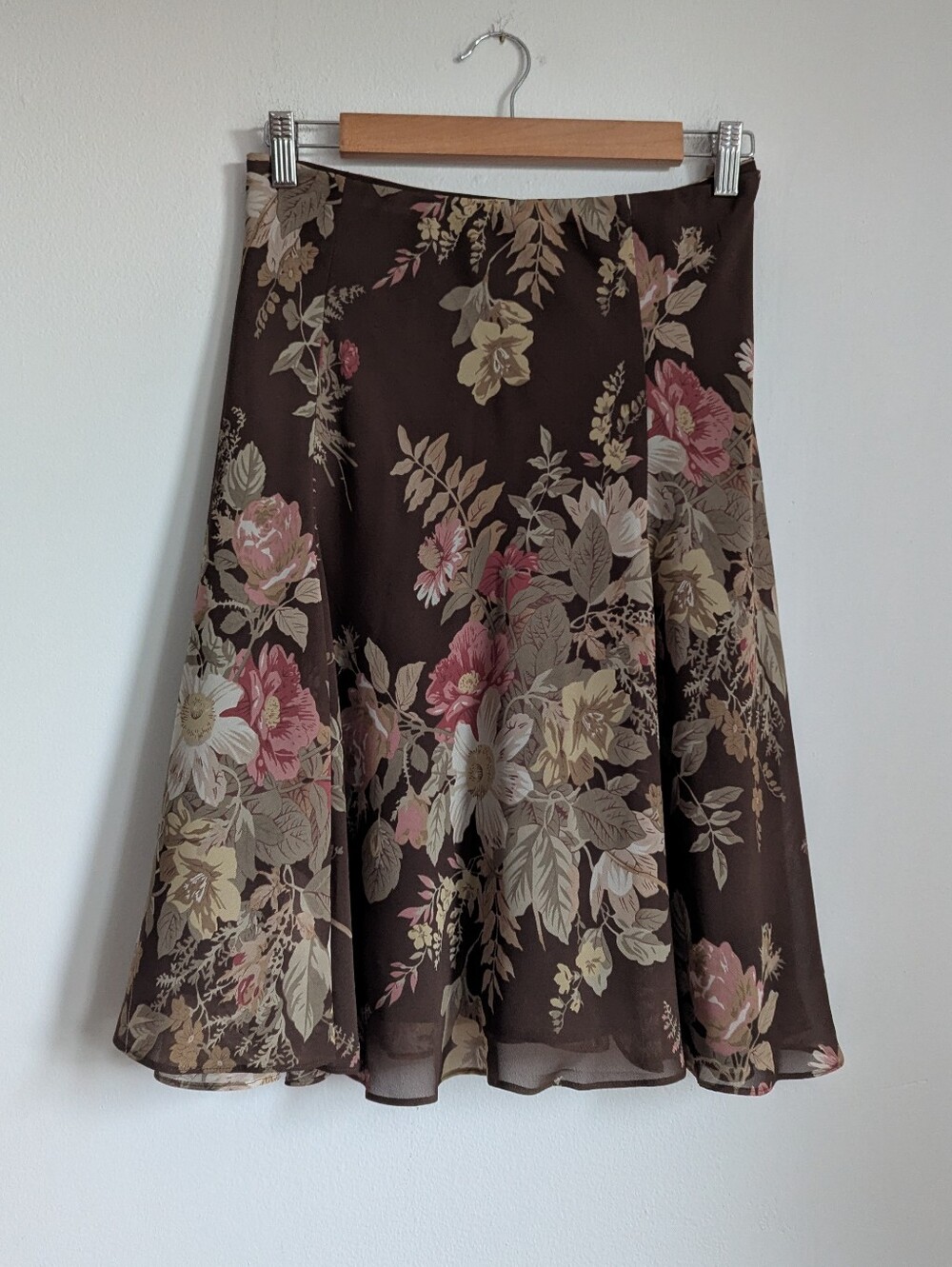 Y2K Brown Pastel Floral Knee Length Fall Skirt L Fern Fully Foresf Fairy